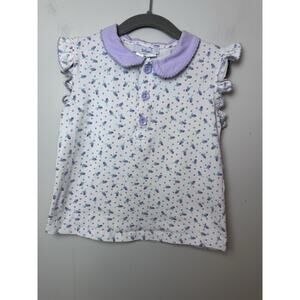 Ishtex Girls White Floral Flutter Sleeve Collared Top Size 6